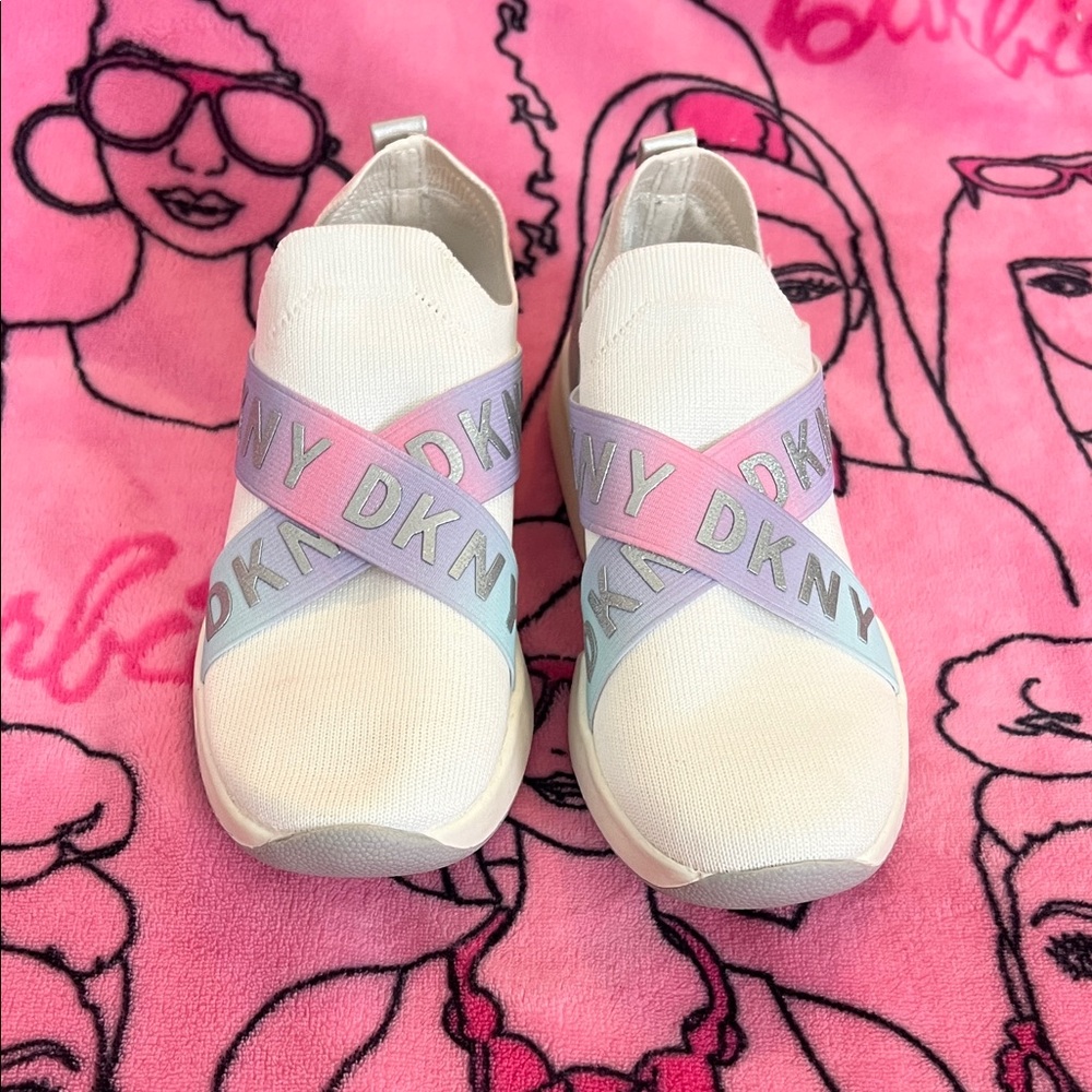 DKNY White Kids Slip-On Sneakers with Pastel Pink & Lavender Straps